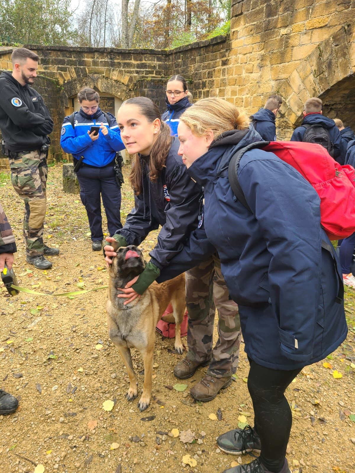 Cadettes caressant un chien de la Gendarmerie
